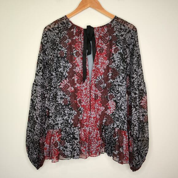 Cinq a Sept Silk Floral Tie Back Peplum Blouse Red Black S - Picture 8 of 9